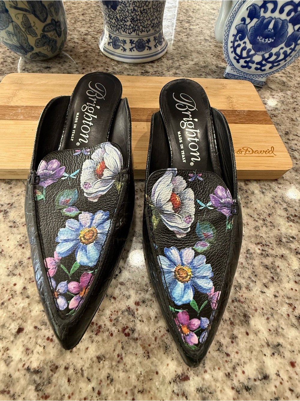 Brighton Black Leather Pointed Mule with Hand-Painted Floral Design